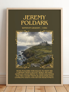 Jeremy Poldark Minimalist Book Poster by Winston Graham – framed print leaning on a wooden floor