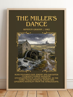 The miller's dance Minimalist Book Poster by Winston Graham – framed print leaning on a wooden floor