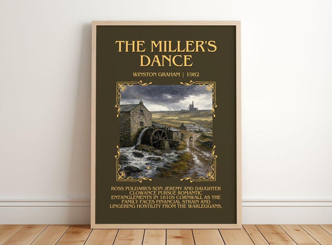 The miller's dance Minimalist Book Poster by Winston Graham – framed print leaning on a wooden floor