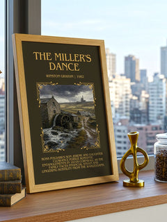 The miller's dance Minimalist Book Poster by Winston Graham – framed print on a city-view windowsill