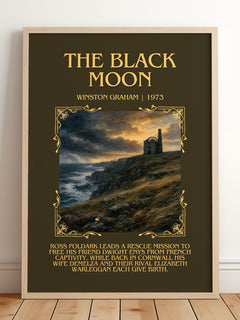 The black moon Minimalist Book Poster by Winston Graham – framed print leaning on a wooden floor