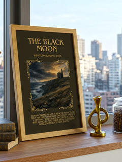 The black moon Minimalist Book Poster by Winston Graham – framed print on a city-view windowsill