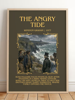 The Angry Tide Minimalist Book Poster by Winston Graham – framed print leaning on a wooden floor