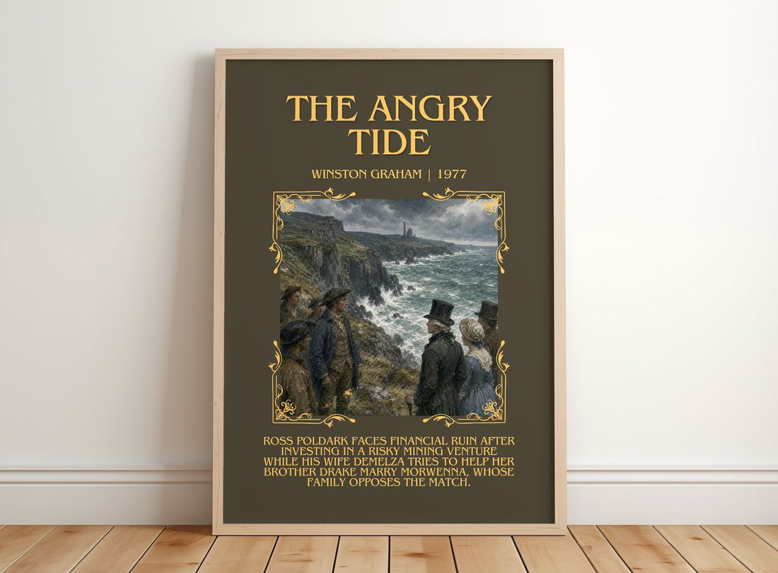 The Angry Tide Minimalist Book Poster by Winston Graham – framed print leaning on a wooden floor