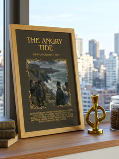 The Angry Tide Minimalist Book Poster by Winston Graham – framed print on a city-view windowsill