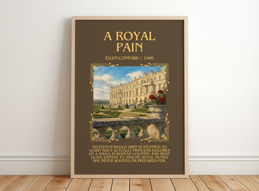 A royal pain Minimalist Book Poster by Ellen Conford – framed print leaning on a wooden floor