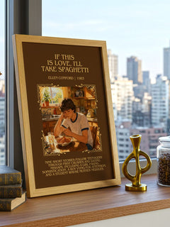 If this is love, I'll take spaghetti Minimalist Book Poster by Ellen Conford – framed print on a city-view windowsill
