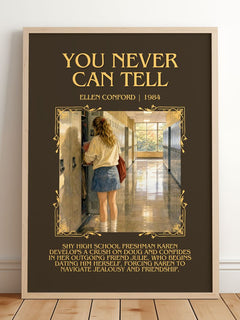 You never can tell Minimalist Book Poster by Ellen Conford – framed print leaning on a wooden floor
