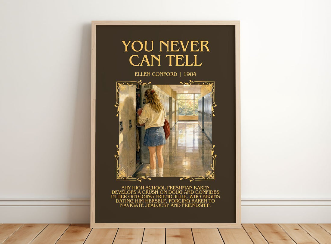 You never can tell Minimalist Book Poster by Ellen Conford – framed print leaning on a wooden floor