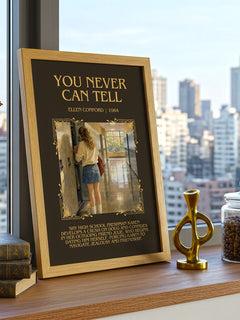 You never can tell Minimalist Book Poster by Ellen Conford – framed print on a city-view windowsill