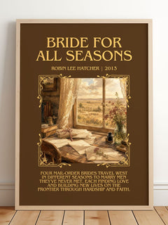 Bride for All Seasons Minimalist Book Poster by Robin Lee Hatcher – framed print leaning on a wooden floor