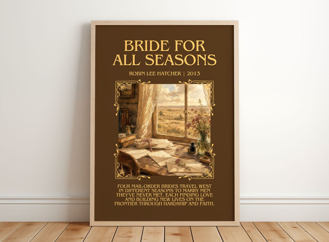 Bride for All Seasons Minimalist Book Poster by Robin Lee Hatcher – framed print leaning on a wooden floor