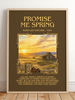 Promise Me Spring Minimalist Book Poster by Robin Lee Hatcher – framed print leaning on a wooden floor