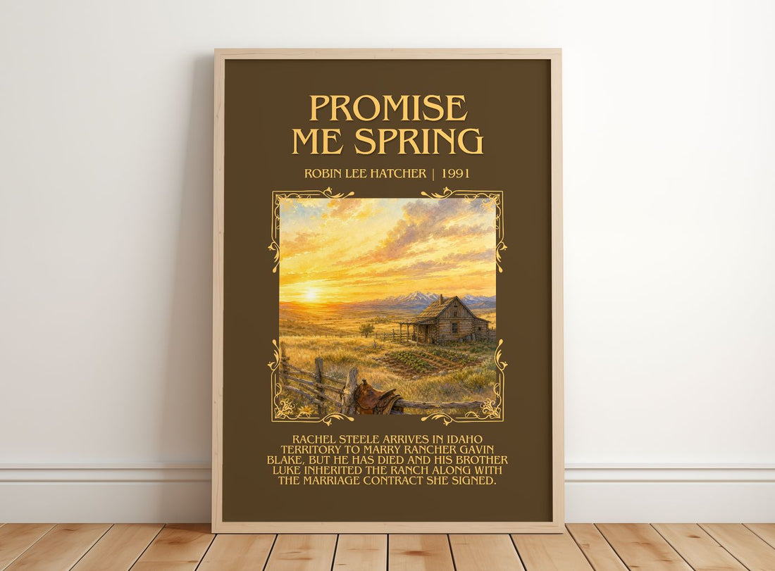 Promise Me Spring Minimalist Book Poster by Robin Lee Hatcher – framed print leaning on a wooden floor