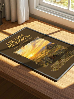 Promise Me Spring Minimalist Book Poster by Robin Lee Hatcher – print on a sunlit desk