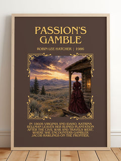 Passion's gamble Minimalist Book Poster by Robin Lee Hatcher – framed print leaning on a wooden floor