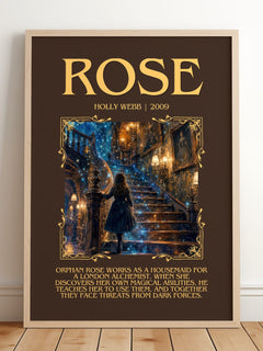 Rose Minimalist Book Poster by Holly Webb – framed print leaning on a wooden floor