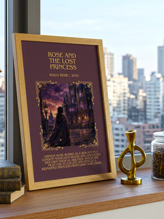 Rose And The Lost Princess Minimalist Book Poster by Holly Webb – framed print on a city-view windowsill