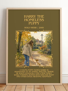 Harry the Homeless Puppy Minimalist Book Poster by Holly Webb – framed print leaning on a wooden floor