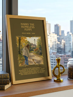 Harry the Homeless Puppy Minimalist Book Poster by Holly Webb – framed print on a city-view windowsill