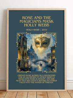 Rose and the Magicians Mask Holly Webb Minimalist Book Poster by Holly Webb – framed print leaning on a wooden floor