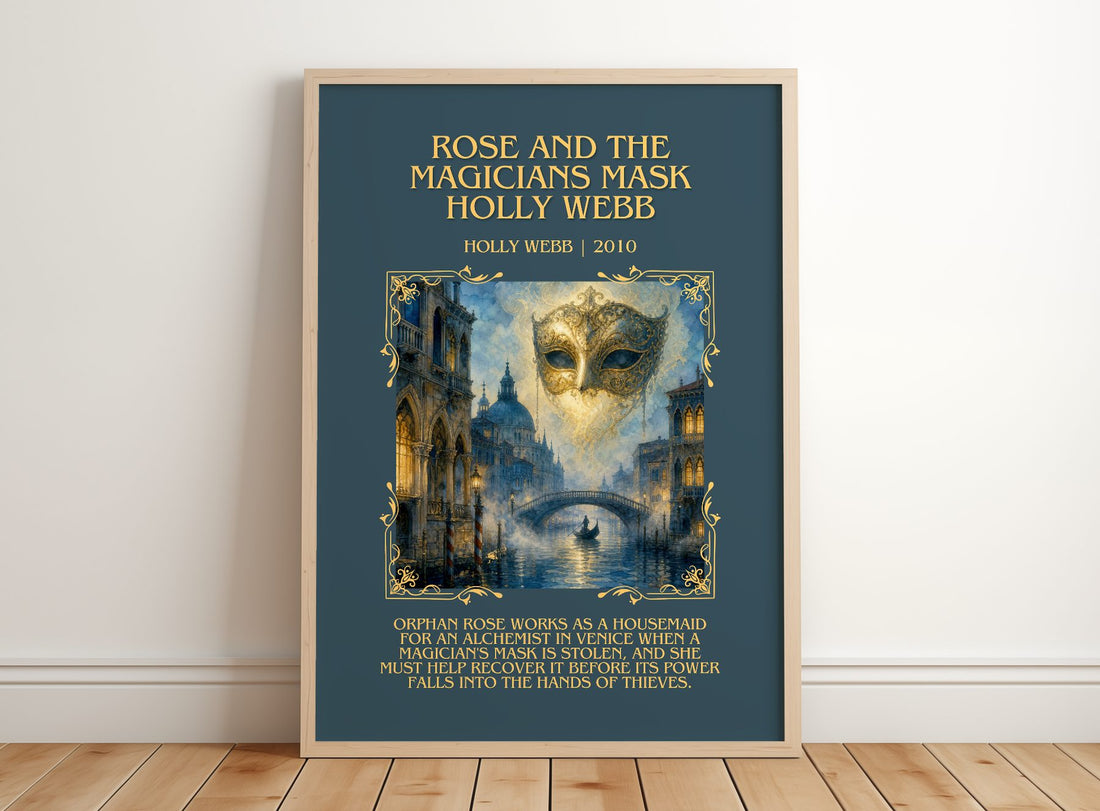 Rose and the Magicians Mask Holly Webb Minimalist Book Poster by Holly Webb – framed print leaning on a wooden floor