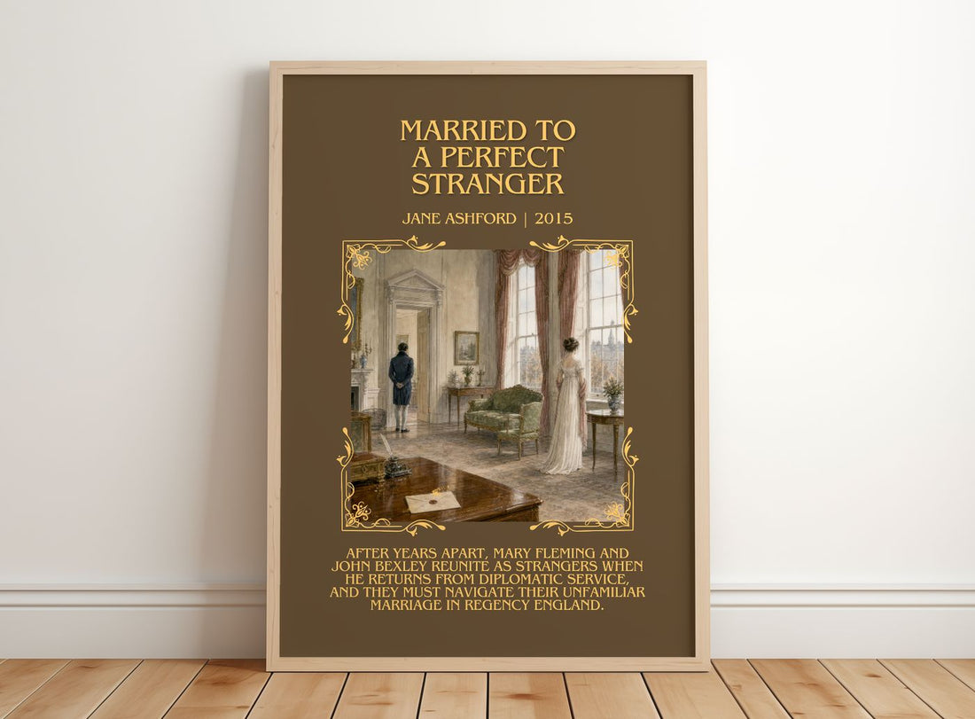 Married to a Perfect Stranger Minimalist Book Poster by Jane Ashford – framed print leaning on a wooden floor