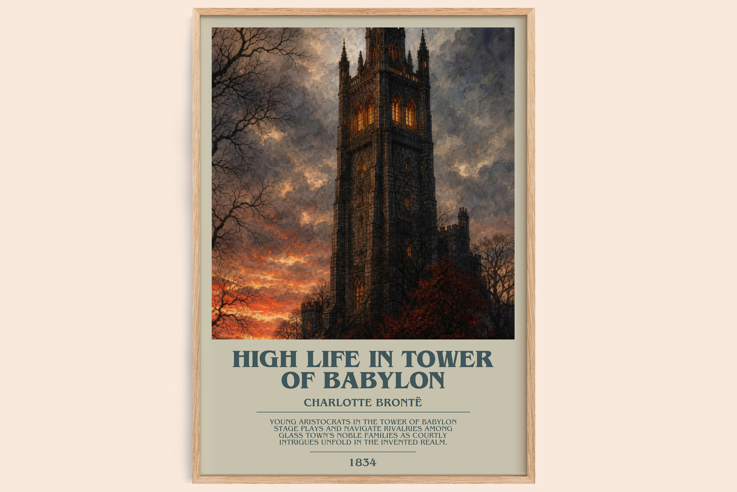 High Life In Tower Of Babylon bookish book poster by Charlotte Brontë – framed literary art print