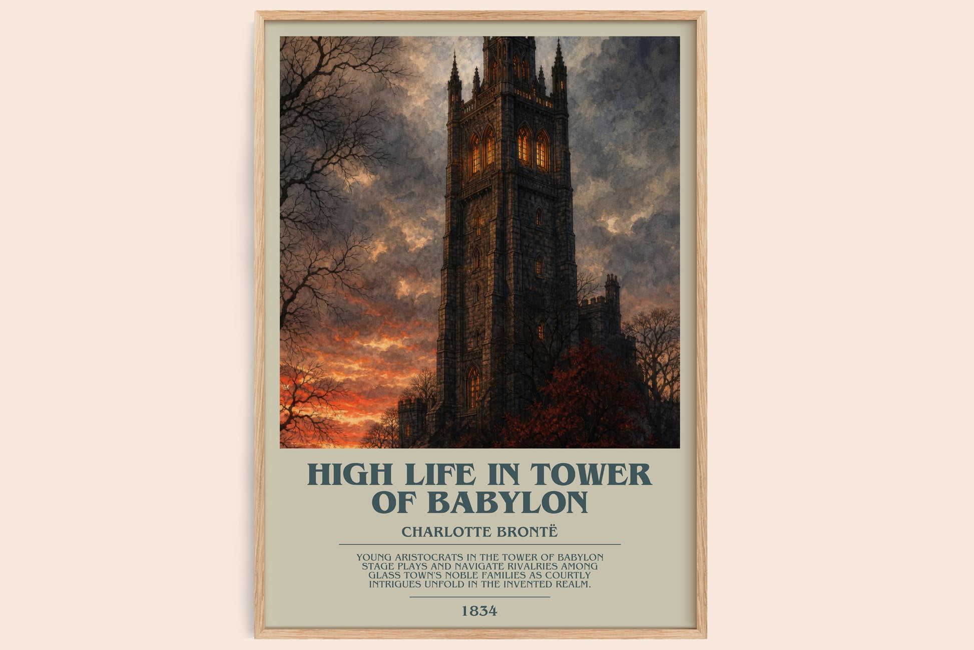High Life In Tower Of Babylon bookish book poster by Charlotte Brontë – framed literary art print