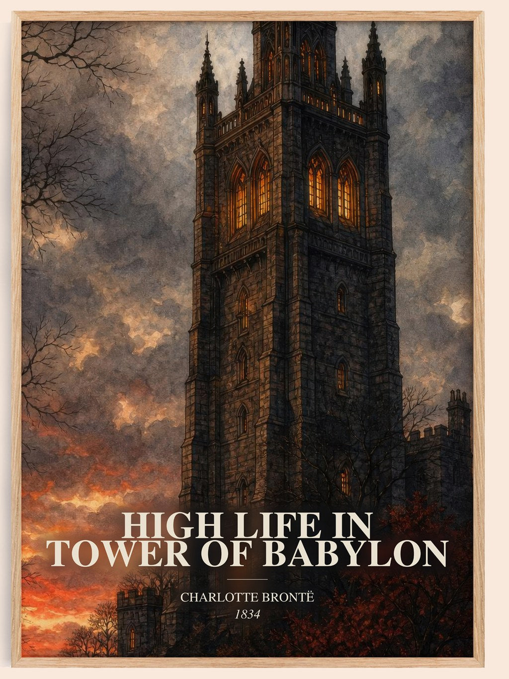High Life In Tower Of Babylon watercolour book poster by Charlotte Brontë – framed literary art print