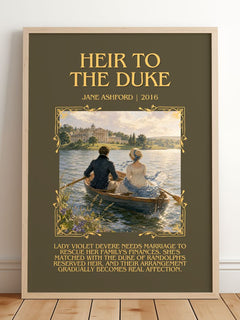 Heir to the Duke Minimalist Book Poster by Jane Ashford – framed print leaning on a wooden floor