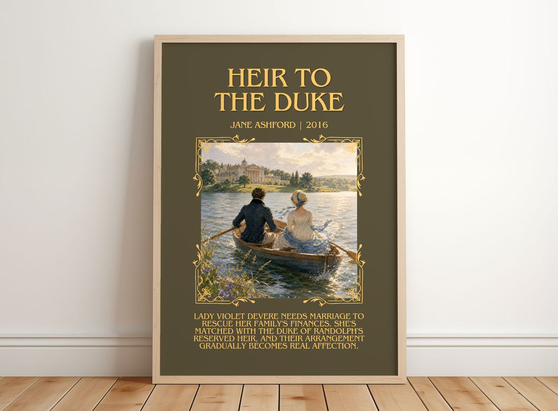 Heir to the Duke Minimalist Book Poster by Jane Ashford – framed print leaning on a wooden floor