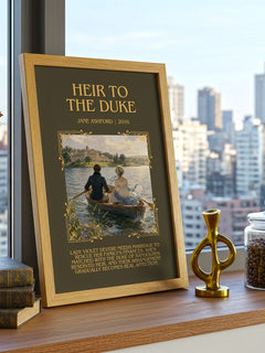 Heir to the Duke Minimalist Book Poster by Jane Ashford – framed print on a city-view windowsill