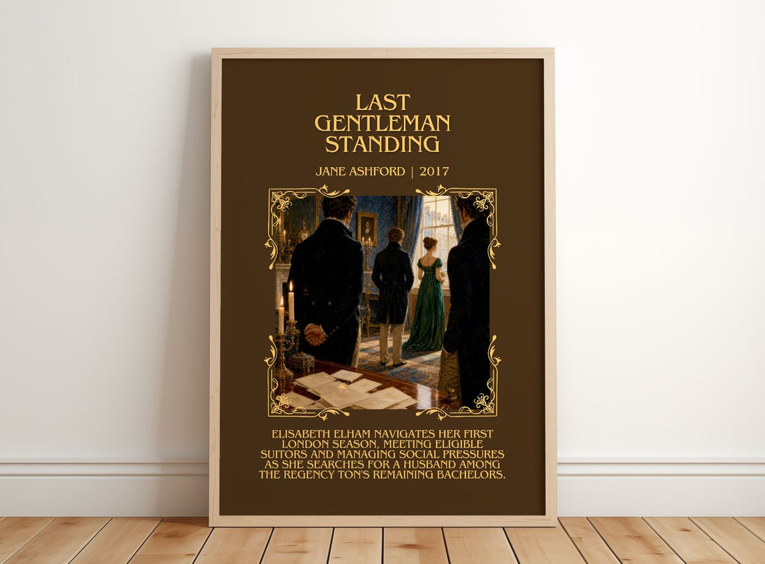 Last Gentleman Standing Minimalist Book Poster by Jane Ashford – framed print leaning on a wooden floor