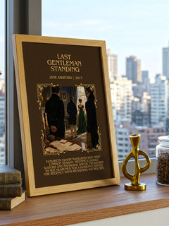 Last Gentleman Standing Minimalist Book Poster by Jane Ashford – framed print on a city-view windowsill