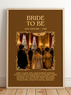 Bride to Be Minimalist Book Poster by Jane Ashford – framed print leaning on a wooden floor