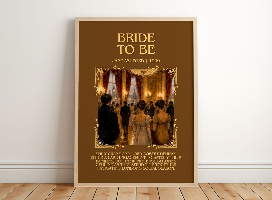 Bride to Be Minimalist Book Poster by Jane Ashford – framed print leaning on a wooden floor