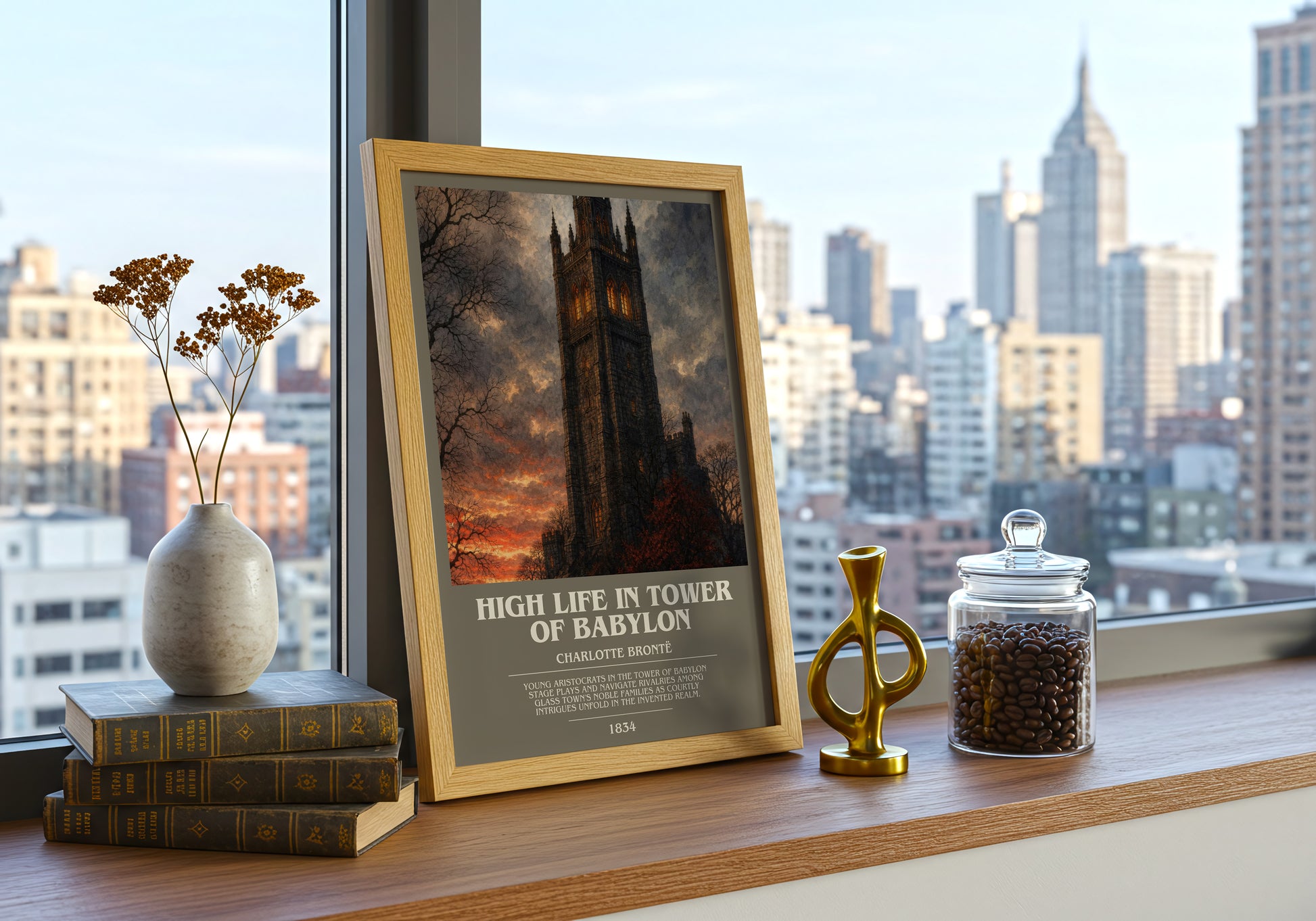 High Life In Tower Of Babylon bookish print framed by window – literary home decor