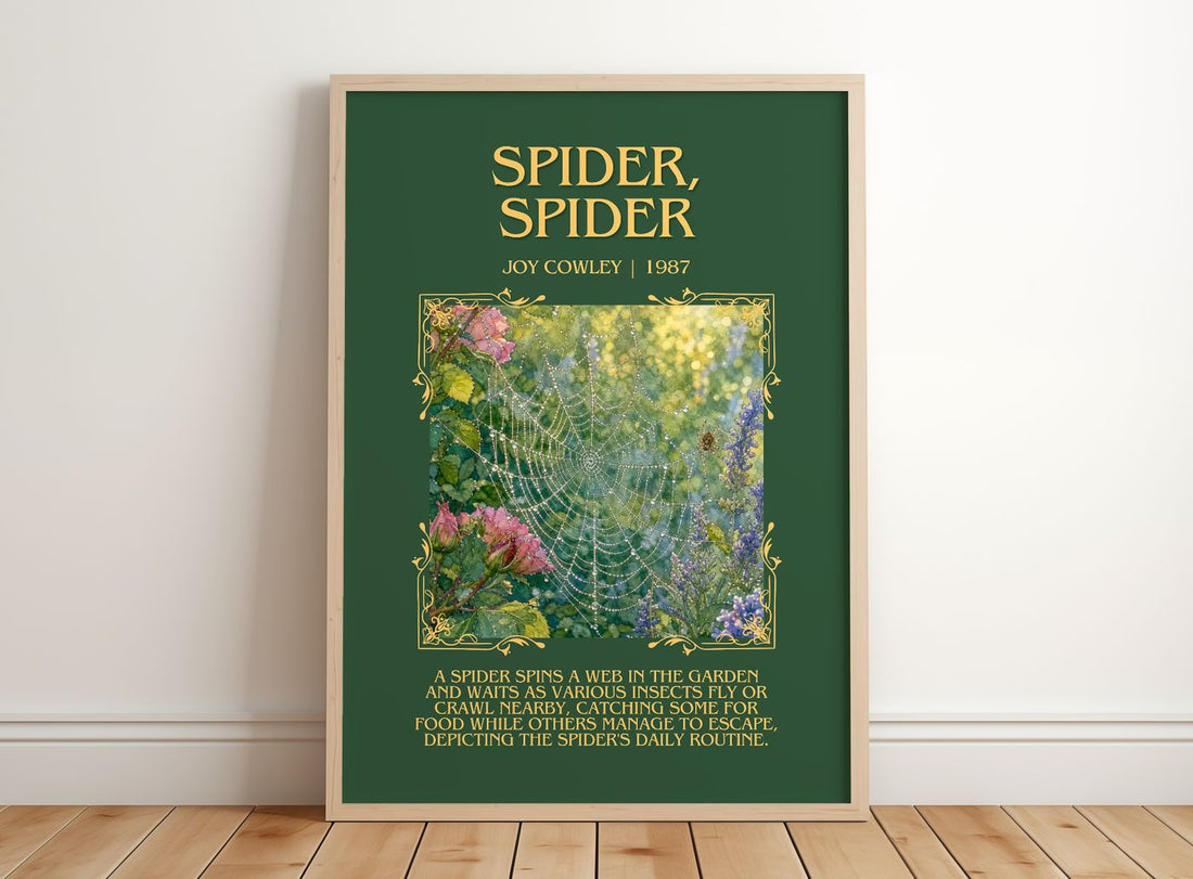 Spider, Spider Minimalist Book Poster by Joy Cowley – framed print leaning on a wooden floor