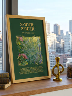 Spider, Spider Minimalist Book Poster by Joy Cowley – framed print on a city-view windowsill