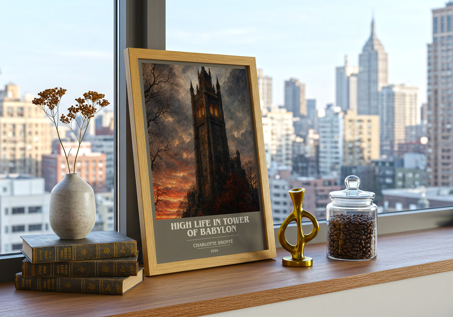 High Life In Tower Of Babylon book cover print framed by window – literary home decor