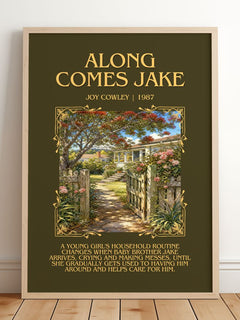 Along comes Jake Minimalist Book Poster by Joy Cowley – framed print leaning on a wooden floor
