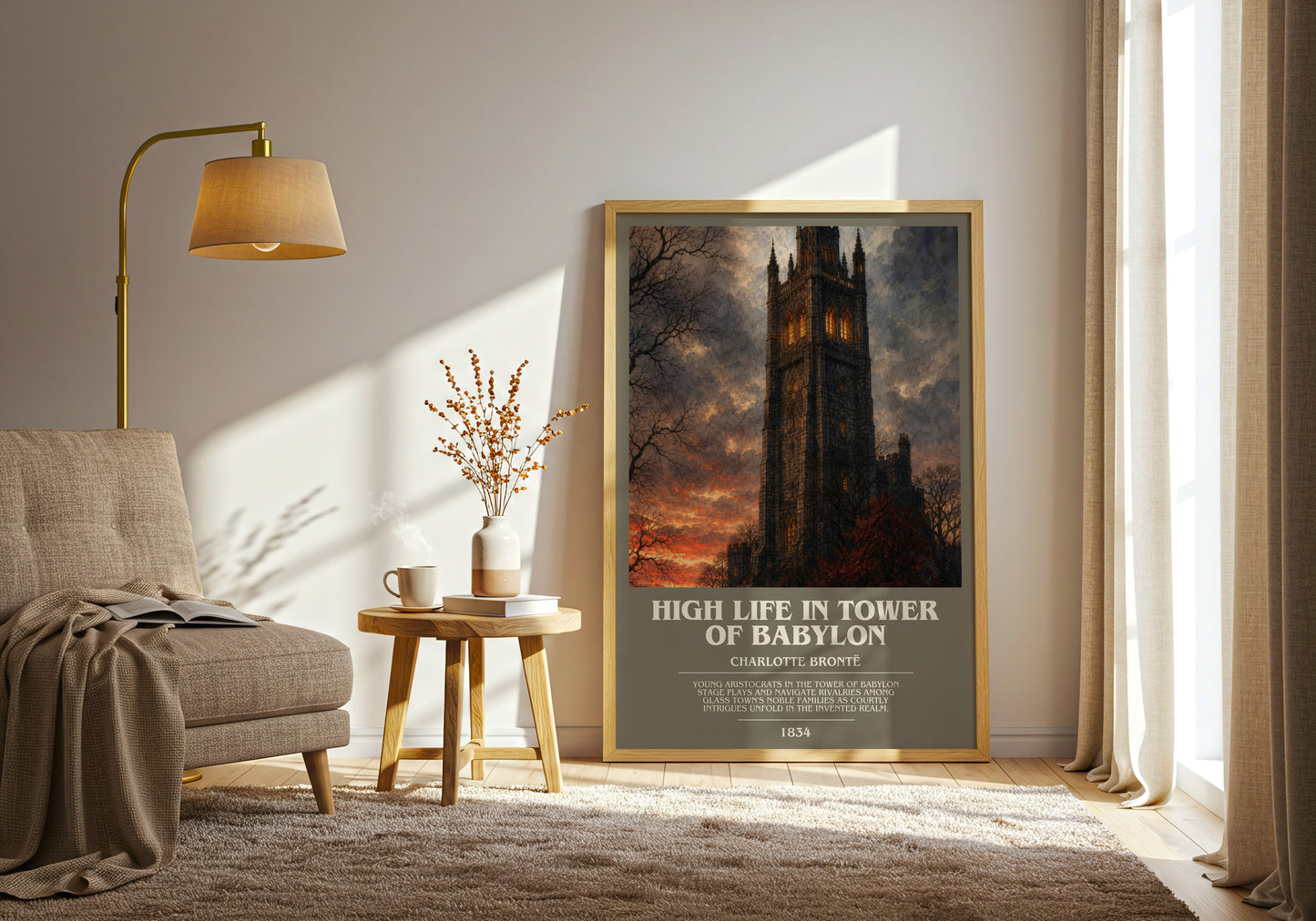 High Life In Tower Of Babylon bookish print on bookshelf – Charlotte Brontë fan gift
