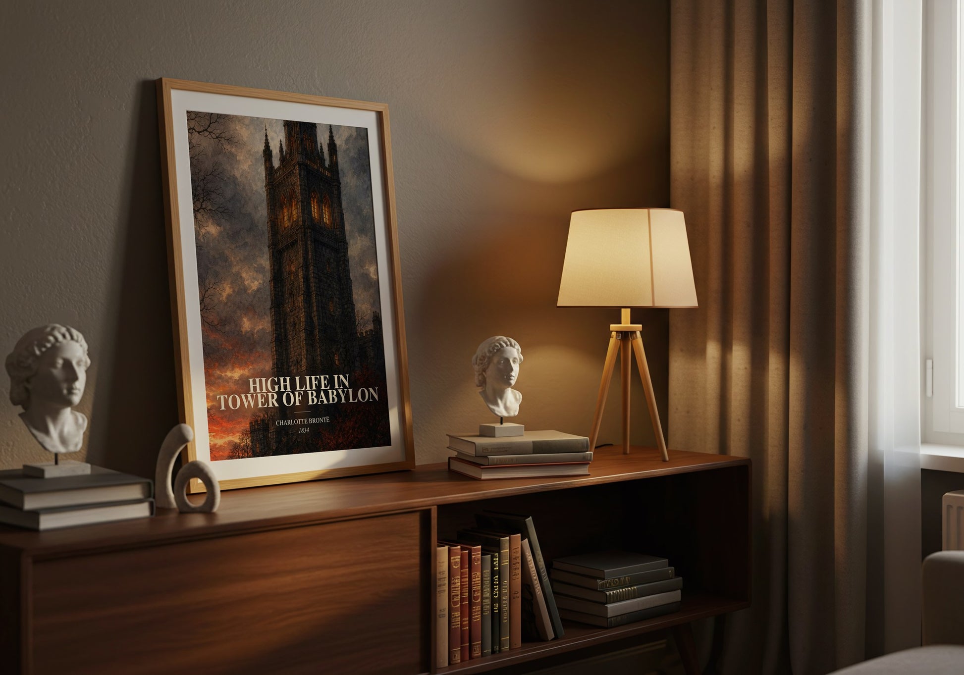 High Life In Tower Of Babylon watercolour print on bookshelf – Charlotte Brontë fan gift