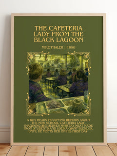The cafeteria lady from the black lagoon Minimalist Book Poster by Mike Thaler – framed print leaning on a wooden floor