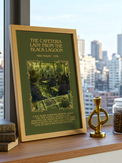 The cafeteria lady from the black lagoon Minimalist Book Poster by Mike Thaler – framed print on a city-view windowsill