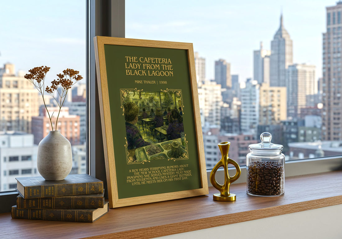 The cafeteria lady from the black lagoon Minimalist Book Poster by Mike Thaler – framed print on a city-view windowsill