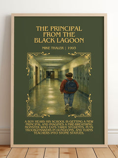 Principal From the Black Lagoon Minimalist Book Poster by Mike Thaler – framed print leaning on a wooden floor