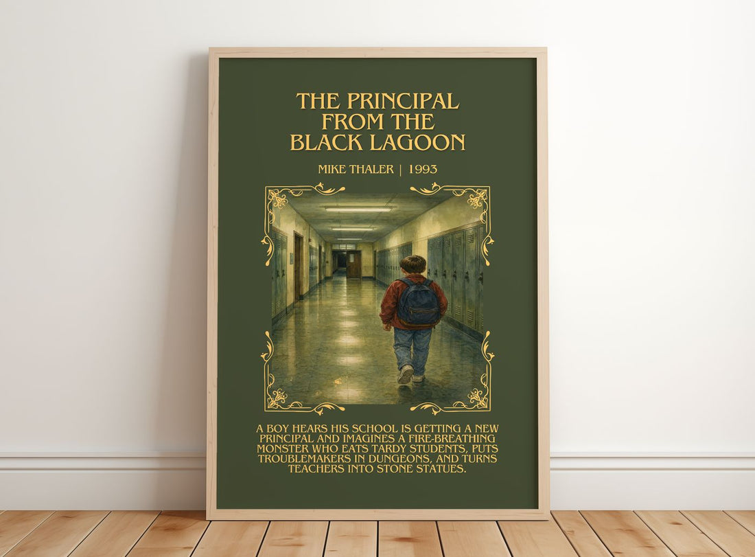 Principal From the Black Lagoon Minimalist Book Poster by Mike Thaler – framed print leaning on a wooden floor