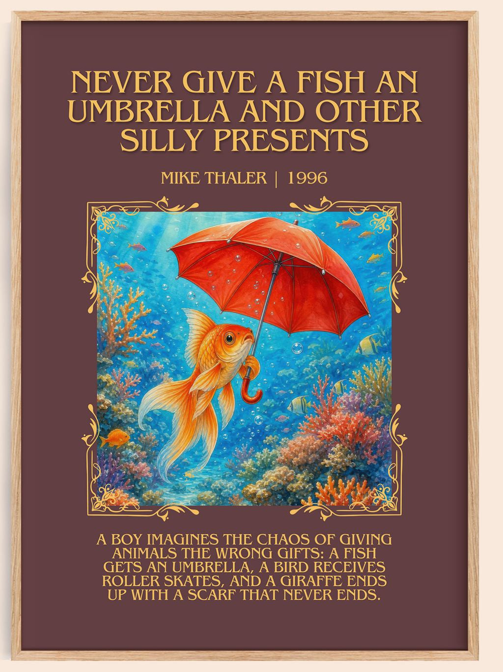 Never give a fish an umbrella and other silly presents Minimalist Book Poster by Mike Thaler – book poster